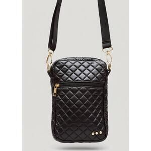 Quilted Crossbody Phone Bag with Gold Hardware - Black